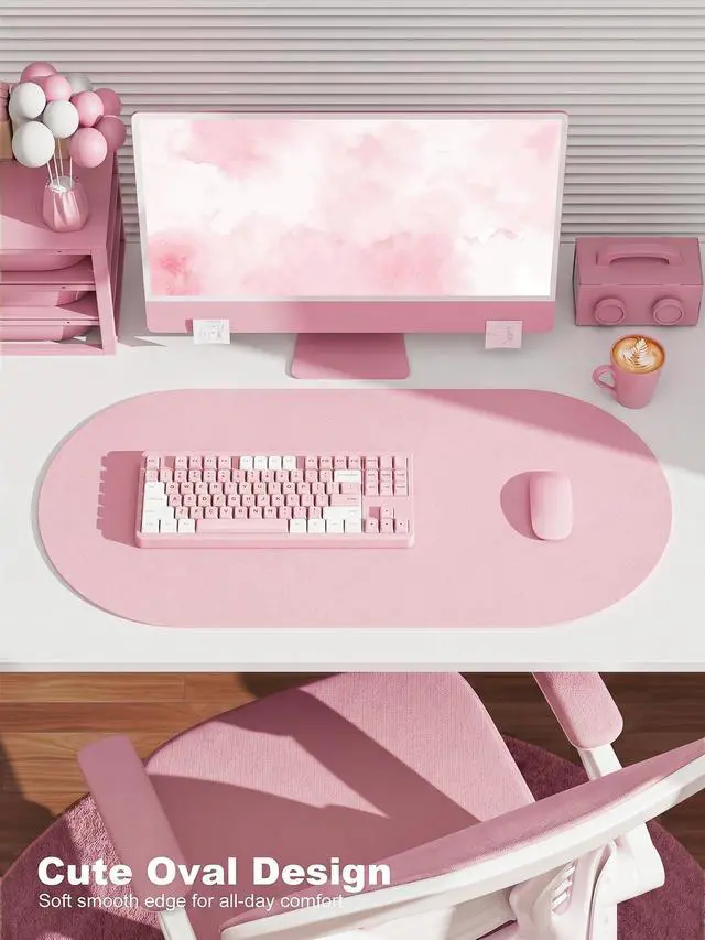 Alt view image 2 of 7 - Desk Mat, 31.5" x 15" Oval PU Leather Non-Slip Desk Pad Large Mouse Pad for Desktop, Waterproof Countertop Protector Writing Mat for Office, Home, Gaming, Vanity, Light Pink