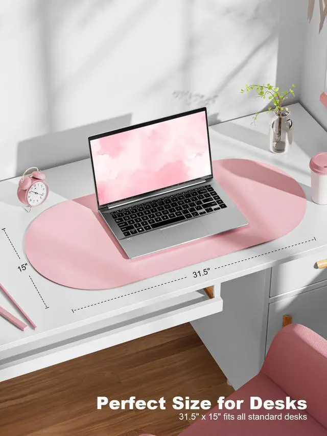 Alt view image 3 of 7 - Desk Mat, 31.5" x 15" Oval PU Leather Non-Slip Desk Pad Large Mouse Pad for Desktop, Waterproof Countertop Protector Writing Mat for Office, Home, Gaming, Vanity, Light Pink