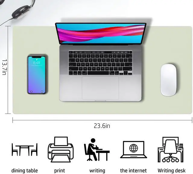 Alt view image 3 of 7 - Double-Sided PU Leather Desk Pad - Non-Slip Large Mouse Pad & Desk Mat for Office, Home - Waterproof, Easy to Clean, Durable Dual-Sided Surface (23.6"x13.7", Matcha Green)