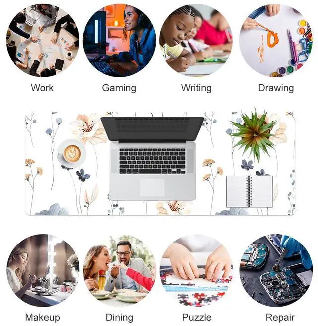 Alt view image 7 of 7 - Large Mouse Pad, Floral Desk Mat for Desktop, Women Girls PU Leather Waterproof Gaming Mousepad, Computer Laptop Flower Desk Accessories Protector Writing Pad for School Office Home 31.5" x 11.8"