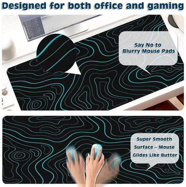 Alt view image 4 of 6 - Gaming Desk Mat with Silky Smooth Surface & Exquisite Patterns,31.5x11.8 Inches Large-Sized Mouse Pad, Perfect for Extended Gaming,Work,and Home Office Decor (Blue Topographic Lines)
