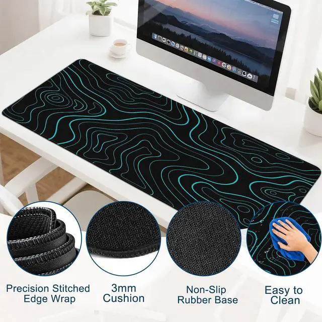 Alt view image 5 of 6 - Gaming Desk Mat with Silky Smooth Surface & Exquisite Patterns,31.5x11.8 Inches Large-Sized Mouse Pad, Perfect for Extended Gaming,Work,and Home Office Decor (Blue Topographic Lines)