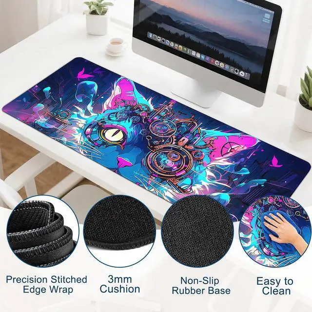 Alt view image 3 of 6 - Gaming Desk Mat with Silky Smooth Surface & Exquisite Patterns,31.5x11.8 Inches Large-Sized Mouse Pad, Perfect for Extended Gaming,Work,and Home Office Decor (Cool Cat Head 2)