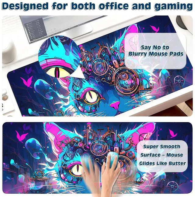 Alt view image 4 of 6 - Gaming Desk Mat with Silky Smooth Surface & Exquisite Patterns,31.5x11.8 Inches Large-Sized Mouse Pad, Perfect for Extended Gaming,Work,and Home Office Decor (Cool Cat Head 2)