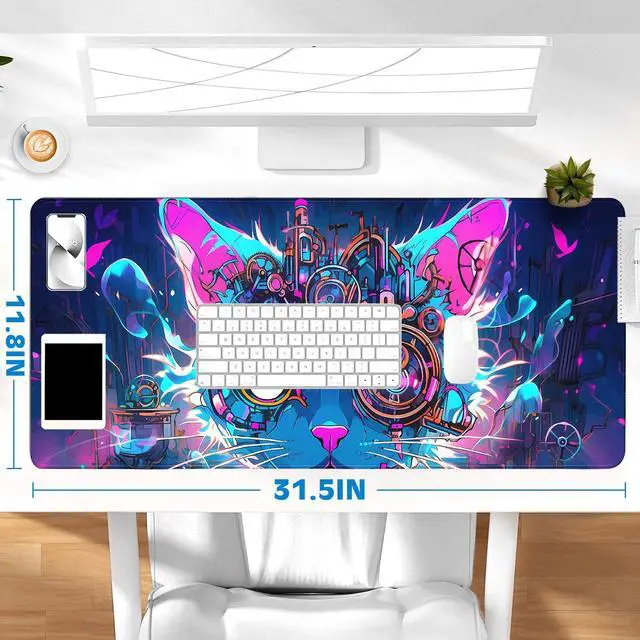 Alt view image 6 of 6 - Gaming Desk Mat with Silky Smooth Surface & Exquisite Patterns,31.5x11.8 Inches Large-Sized Mouse Pad, Perfect for Extended Gaming,Work,and Home Office Decor (Cool Cat Head 2)
