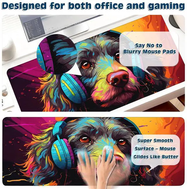 Alt view image 3 of 6 - Gaming Desk Mat with Silky Smooth Surface & Exquisite Patterns,31.5x11.8 Inches Large-Sized Mouse Pad, Perfect for Extended Gaming,Work,and Home Office Decor (Cool Dog Head 1)