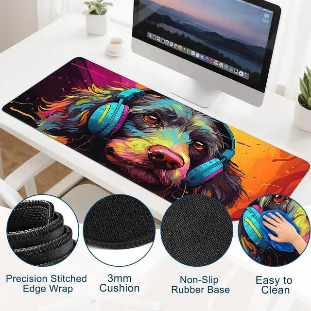 Alt view image 4 of 6 - Gaming Desk Mat with Silky Smooth Surface & Exquisite Patterns,31.5x11.8 Inches Large-Sized Mouse Pad, Perfect for Extended Gaming,Work,and Home Office Decor (Cool Dog Head 1)