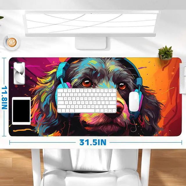 Alt view image 6 of 6 - Gaming Desk Mat with Silky Smooth Surface & Exquisite Patterns,31.5x11.8 Inches Large-Sized Mouse Pad, Perfect for Extended Gaming,Work,and Home Office Decor (Cool Dog Head 1)