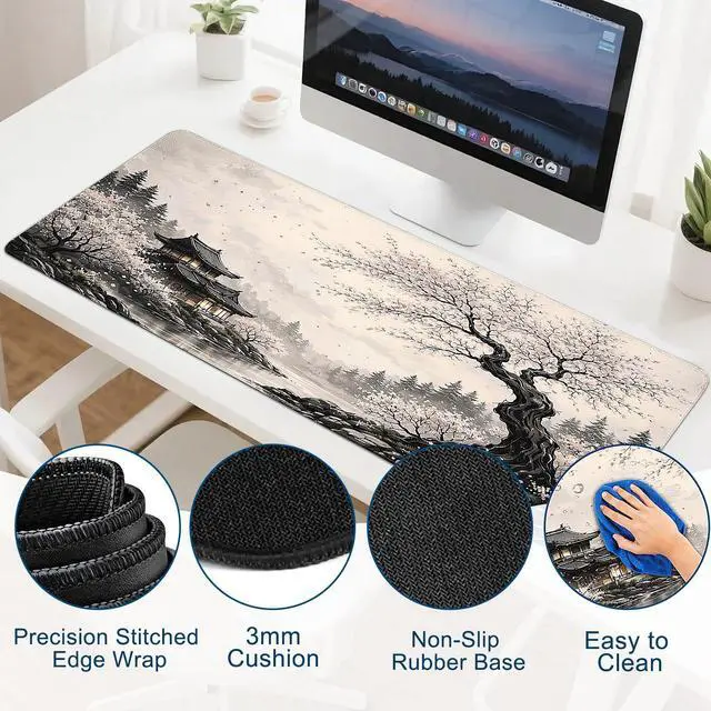 Alt view image 3 of 6 - Gaming Desk Mat with Silky Smooth Surface & Exquisite Patterns,31.5x11.8 Inches Large-Sized Mouse Pad, Perfect for Extended Gaming,Work,and Home Office Decor (Japanese Ink Painting 2)