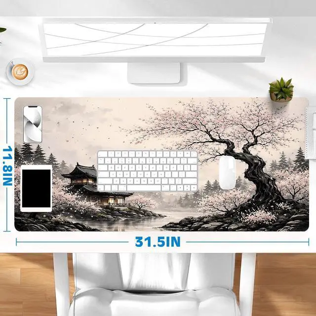 Alt view image 6 of 6 - Gaming Desk Mat with Silky Smooth Surface & Exquisite Patterns,31.5x11.8 Inches Large-Sized Mouse Pad, Perfect for Extended Gaming,Work,and Home Office Decor (Japanese Ink Painting 2)