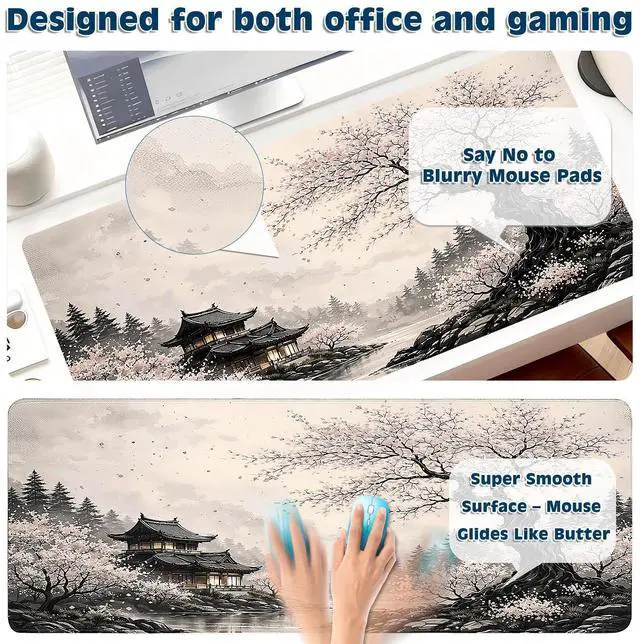 Alt view image 4 of 6 - Gaming Desk Mat with Silky Smooth Surface & Exquisite Patterns,31.5x11.8 Inches Large-Sized Mouse Pad, Perfect for Extended Gaming,Work,and Home Office Decor (Japanese Ink Painting 2)