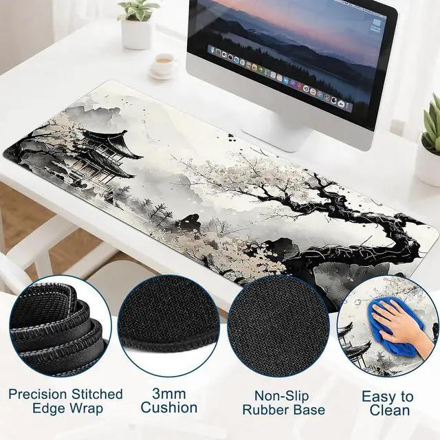 Alt view image 3 of 6 - Gaming Desk Mat with Silky Smooth Surface & Exquisite Patterns,31.5x11.8 Inches Large-Sized Mouse Pad, Perfect for Extended Gaming,Work,and Home Office Decor (Japanese Ink Painting 3)