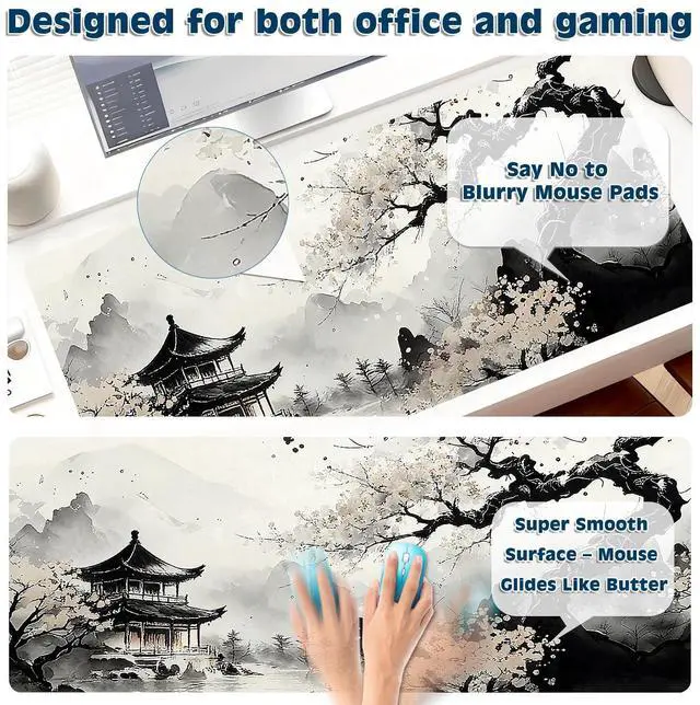 Alt view image 4 of 6 - Gaming Desk Mat with Silky Smooth Surface & Exquisite Patterns,31.5x11.8 Inches Large-Sized Mouse Pad, Perfect for Extended Gaming,Work,and Home Office Decor (Japanese Ink Painting 3)