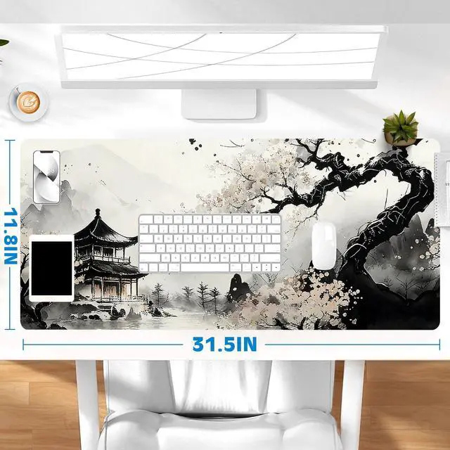 Alt view image 6 of 6 - Gaming Desk Mat with Silky Smooth Surface & Exquisite Patterns,31.5x11.8 Inches Large-Sized Mouse Pad, Perfect for Extended Gaming,Work,and Home Office Decor (Japanese Ink Painting 3)