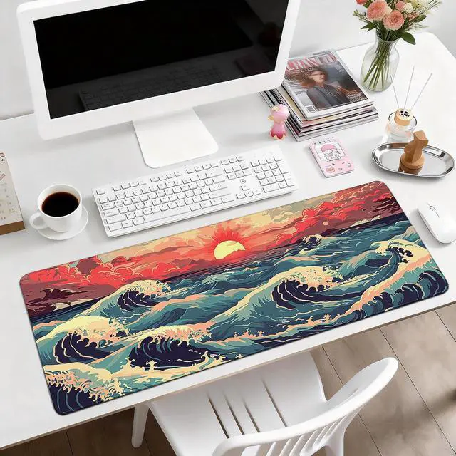 Alt view image 2 of 6 - Gaming Desk Mat with Silky Smooth Surface & Exquisite Patterns,31.5x11.8 Inches Large-Sized Mouse Pad, Perfect for Extended Gaming,Work,and Home Office Decor (Japanese Waves 1)