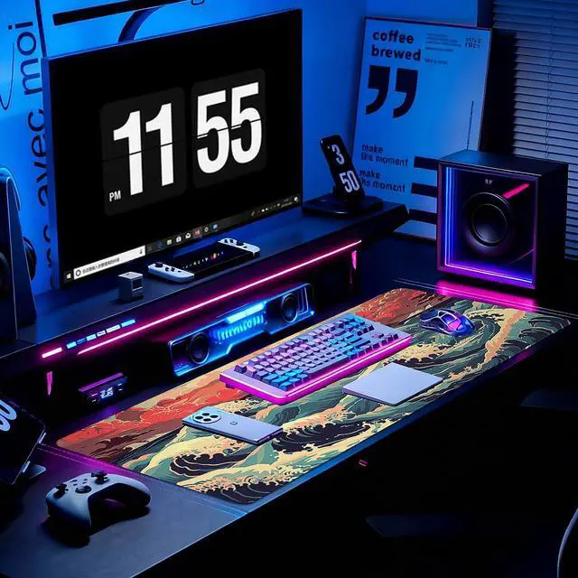 Alt view image 3 of 6 - Gaming Desk Mat with Silky Smooth Surface & Exquisite Patterns,31.5x11.8 Inches Large-Sized Mouse Pad, Perfect for Extended Gaming,Work,and Home Office Decor (Japanese Waves 1)