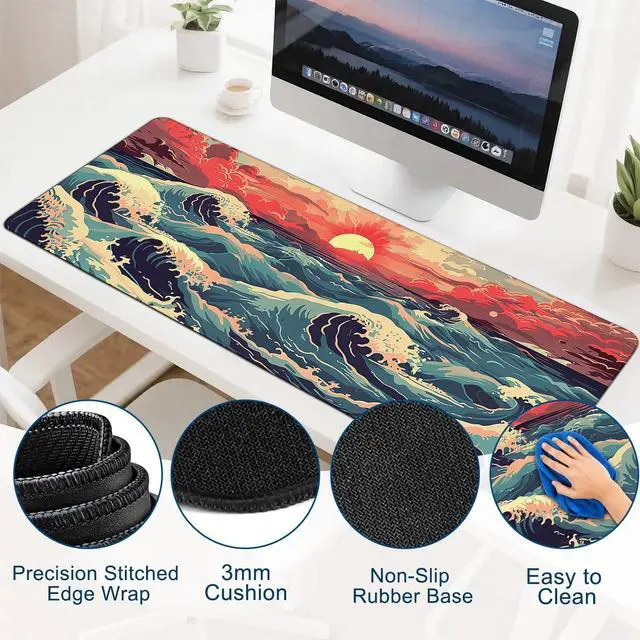 Alt view image 5 of 6 - Gaming Desk Mat with Silky Smooth Surface & Exquisite Patterns,31.5x11.8 Inches Large-Sized Mouse Pad, Perfect for Extended Gaming,Work,and Home Office Decor (Japanese Waves 1)