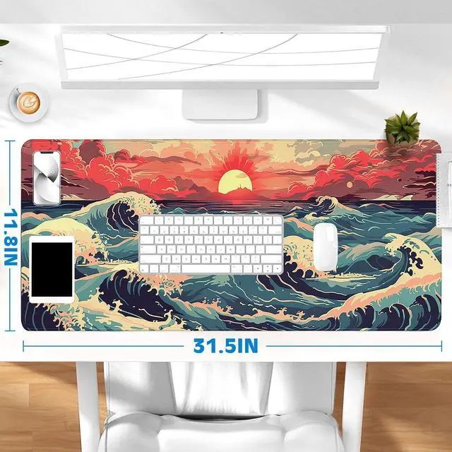Alt view image 6 of 6 - Gaming Desk Mat with Silky Smooth Surface & Exquisite Patterns,31.5x11.8 Inches Large-Sized Mouse Pad, Perfect for Extended Gaming,Work,and Home Office Decor (Japanese Waves 1)