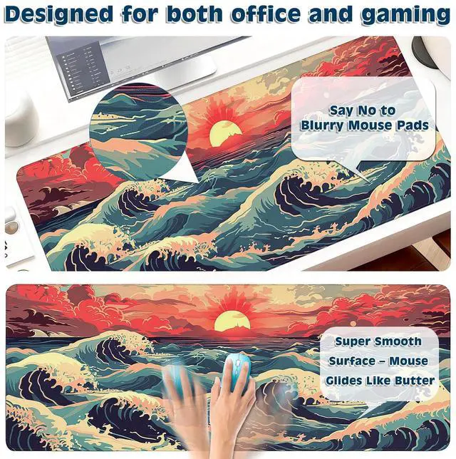 Alt view image 4 of 6 - Gaming Desk Mat with Silky Smooth Surface & Exquisite Patterns,31.5x11.8 Inches Large-Sized Mouse Pad, Perfect for Extended Gaming,Work,and Home Office Decor (Japanese Waves 1)
