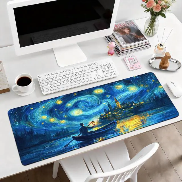 Alt view image 2 of 6 - Gaming Desk Mat with Silky Smooth Surface & Exquisite Patterns,31.5x11.8 Inches Large-Sized Mouse Pad, Perfect for Extended Gaming,Work,and Home Office Decor (Van Gogh Oil Painting 1)