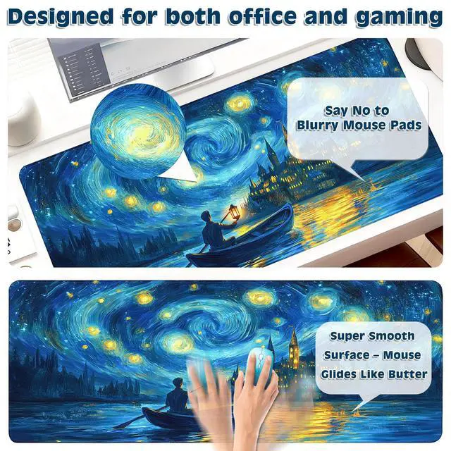 Alt view image 4 of 6 - Gaming Desk Mat with Silky Smooth Surface & Exquisite Patterns,31.5x11.8 Inches Large-Sized Mouse Pad, Perfect for Extended Gaming,Work,and Home Office Decor (Van Gogh Oil Painting 1)