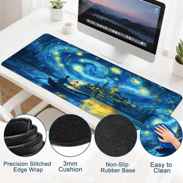 Alt view image 5 of 6 - Gaming Desk Mat with Silky Smooth Surface & Exquisite Patterns,31.5x11.8 Inches Large-Sized Mouse Pad, Perfect for Extended Gaming,Work,and Home Office Decor (Van Gogh Oil Painting 1)