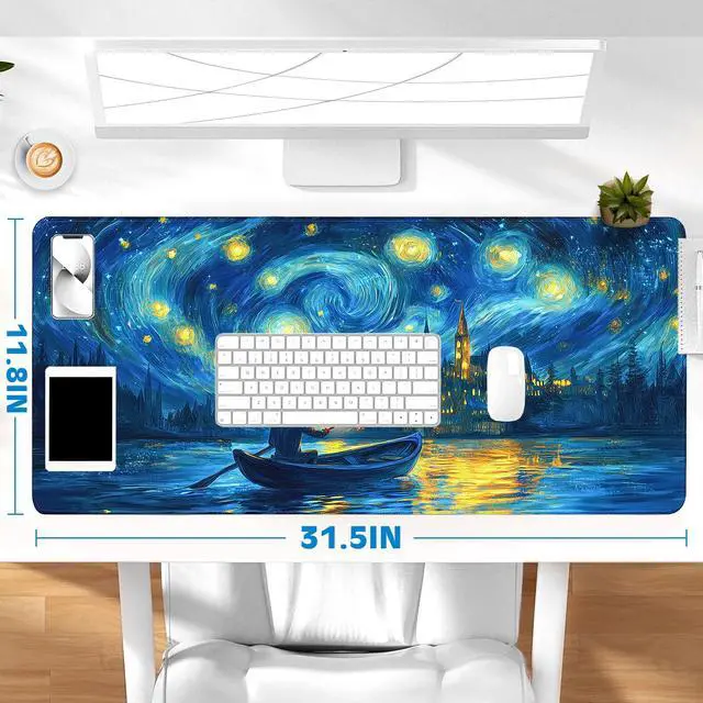 Alt view image 6 of 6 - Gaming Desk Mat with Silky Smooth Surface & Exquisite Patterns,31.5x11.8 Inches Large-Sized Mouse Pad, Perfect for Extended Gaming,Work,and Home Office Decor (Van Gogh Oil Painting 1)