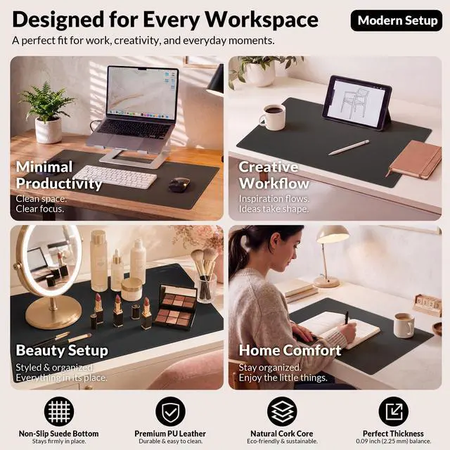 Alt view image 6 of 7 - Desk Mat 35.4" x 17", Cork & PU Leather Desk Pad, Black