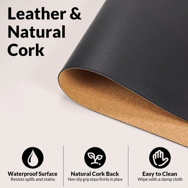 Alt view image 3 of 7 - Desk Mat 35.4" x 17", Cork & PU Leather Desk Pad, Black