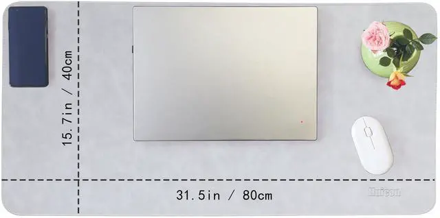 Alt view image 3 of 7 - Soft Anti-Curl Faux PU Desk Mat 31.5"x15.7", Waterproof Heat Safe Non-Slip Vintage Desk Pad, Stitched Edge Wipeable Tear Resistant Desktop Protector for Work from Home Office (Light Grey)