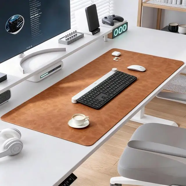 Alt view image 2 of 7 - Distressed Leather Desk Mat - Non-Slip PU Leather Desk Pad Protector - Large Waterproof Mouse Pad Computer Keyboard Desk Mat Desk Accessories for Office & Home (Brown, 31.5"x 15.7")