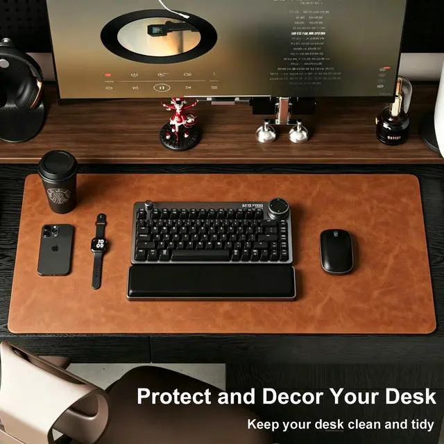 Alt view image 7 of 7 - Distressed Leather Desk Mat - Non-Slip PU Leather Desk Pad Protector - Large Waterproof Mouse Pad Computer Keyboard Desk Mat Desk Accessories for Office & Home (Brown, 31.5"x 15.7")