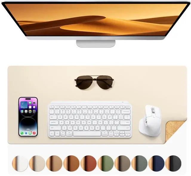Main image of Dual-Sided Desk Mat - Natural Cork & Leather Desk Protector, Large Mouse Pad, Waterproof Blotter, Writing Pad for Office/Home, Beige (25.6"x13.7")
