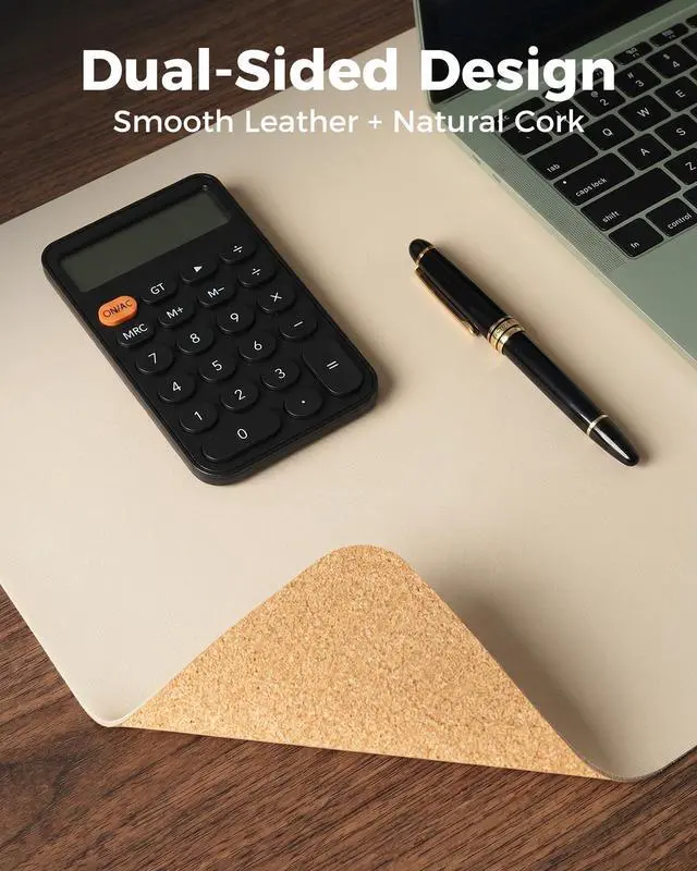 Alt view image 2 of 7 - Dual-Sided Desk Mat - Natural Cork & Leather Desk Protector, Large Mouse Pad, Waterproof Blotter, Writing Pad for Office/Home, Beige (25.6"x13.7")