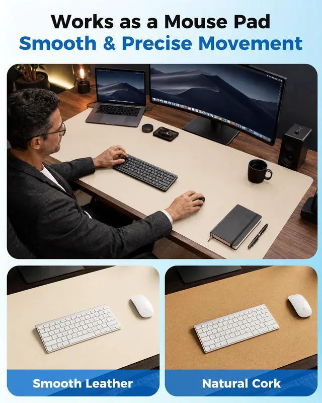 Alt view image 3 of 7 - Dual-Sided Desk Mat - Natural Cork & Leather Desk Protector, Large Mouse Pad, Waterproof Blotter, Writing Pad for Office/Home, Beige (25.6"x13.7")