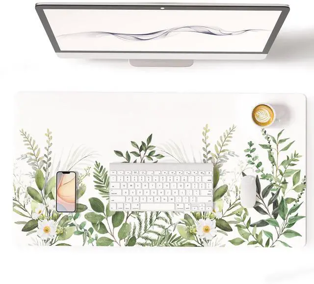 Main image of Large Mouse Pad, Green Leaves Waterproof Office Desk Mat, Non-Slip Computer Gaming Mouse Pad, XXL PC Laptop Protector Pads, PU Leather Desk Writing Pads for Office Home, 31.5" x 15.7"