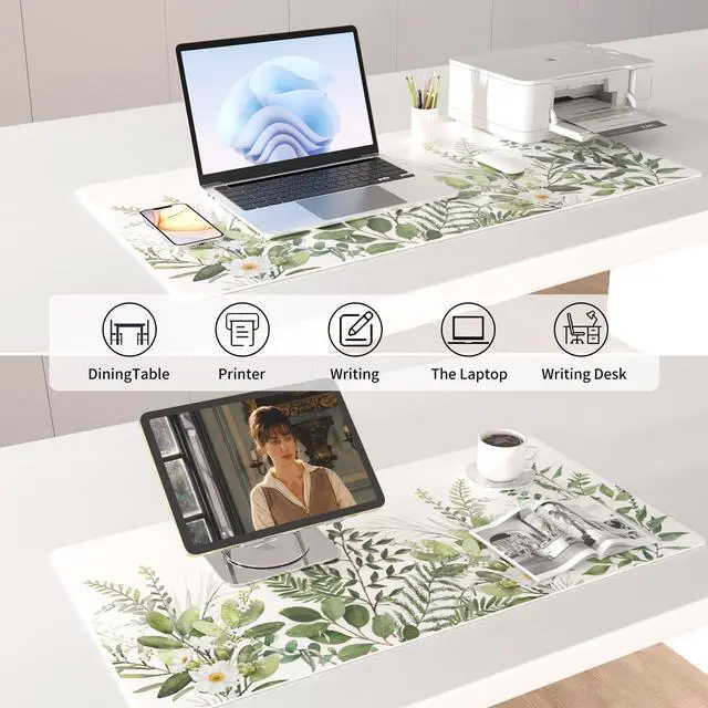 Alt view image 4 of 7 - Large Mouse Pad, Green Leaves Waterproof Office Desk Mat, Non-Slip Computer Gaming Mouse Pad, XXL PC Laptop Protector Pads, PU Leather Desk Writing Pads for Office Home, 31.5" x 15.7"