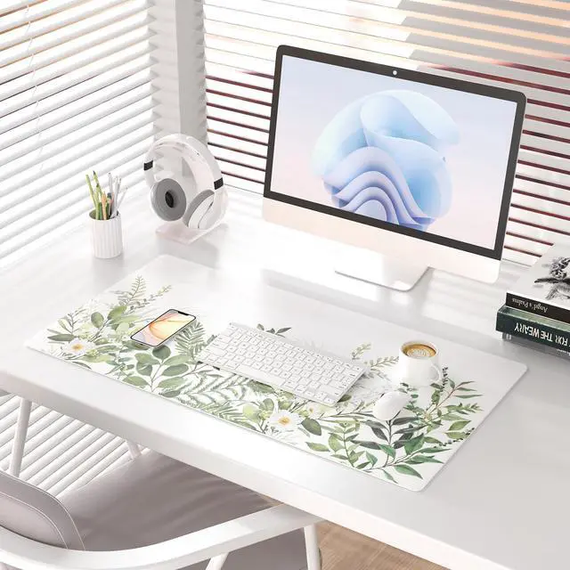 Alt view image 2 of 7 - Large Mouse Pad, Green Leaves Waterproof Office Desk Mat, Non-Slip Computer Gaming Mouse Pad, XXL PC Laptop Protector Pads, PU Leather Desk Writing Pads for Office Home, 31.5" x 15.7"