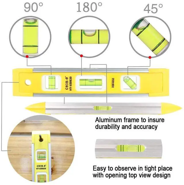 Alt view image 2 of 6 - 9 Inch Magnetic Box Level Torpedo Level(3PCS),3 Different Bubbles/45°/90°/180°Measuring Shock Resistant Torpedo Level