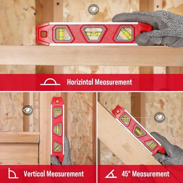 Alt view image 2 of 7 - 9-Inch Torpedo Level Magnetic, Small Leveler Tool with 3 Different Bubbles 45°/90°/180° and Overhead Viewing Window, Shock Resistant Bubble Level V-Groove for Measuring plumbing, wood, etc.