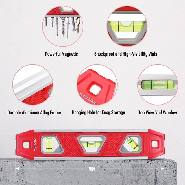 Alt view image 3 of 7 - 9-Inch Torpedo Level Magnetic, Small Leveler Tool with 3 Different Bubbles 45°/90°/180° and Overhead Viewing Window, Shock Resistant Bubble Level V-Groove for Measuring plumbing, wood, etc.