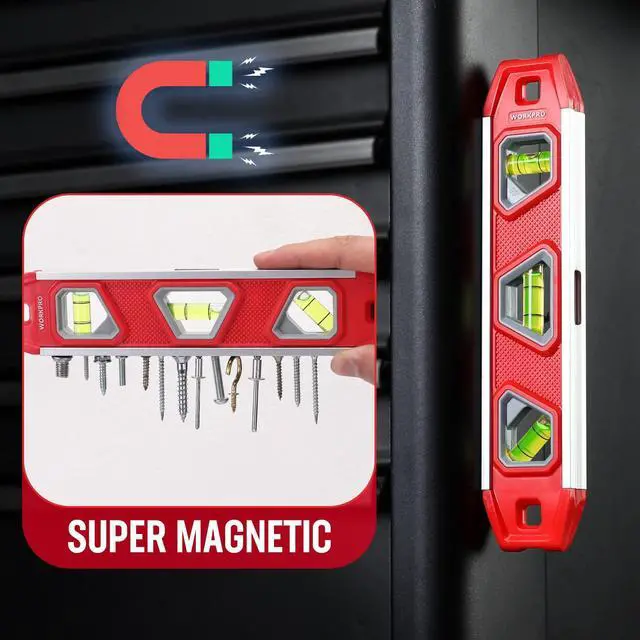 Alt view image 4 of 7 - 9-Inch Torpedo Level Magnetic, Small Leveler Tool with 3 Different Bubbles 45°/90°/180° and Overhead Viewing Window, Shock Resistant Bubble Level V-Groove for Measuring plumbing, wood, etc.