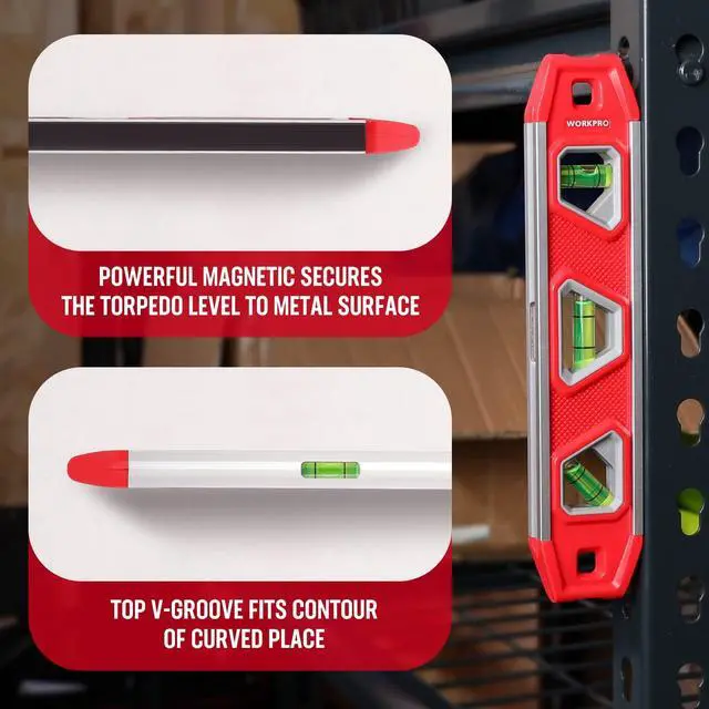 Alt view image 5 of 7 - 9-Inch Torpedo Level Magnetic, Small Leveler Tool with 3 Different Bubbles 45°/90°/180° and Overhead Viewing Window, Shock Resistant Bubble Level V-Groove for Measuring plumbing, wood, etc.