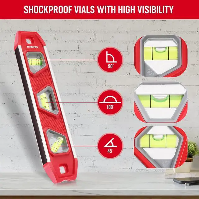Alt view image 6 of 7 - 9-Inch Torpedo Level Magnetic, Small Leveler Tool with 3 Different Bubbles 45°/90°/180° and Overhead Viewing Window, Shock Resistant Bubble Level V-Groove for Measuring plumbing, wood, etc.