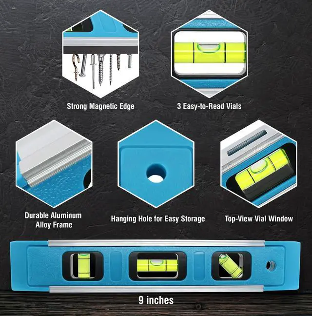 Alt view image 4 of 5 - 9 Inch Torpedo Level Magnetic, Small Leveler Tool with 3 Bubble Vials 45°/90°/180° and Overhead Viewing Window, Shock Resistant Bubble Level V-Groove for Piping and Conduit, Aluminum Alloy Frame