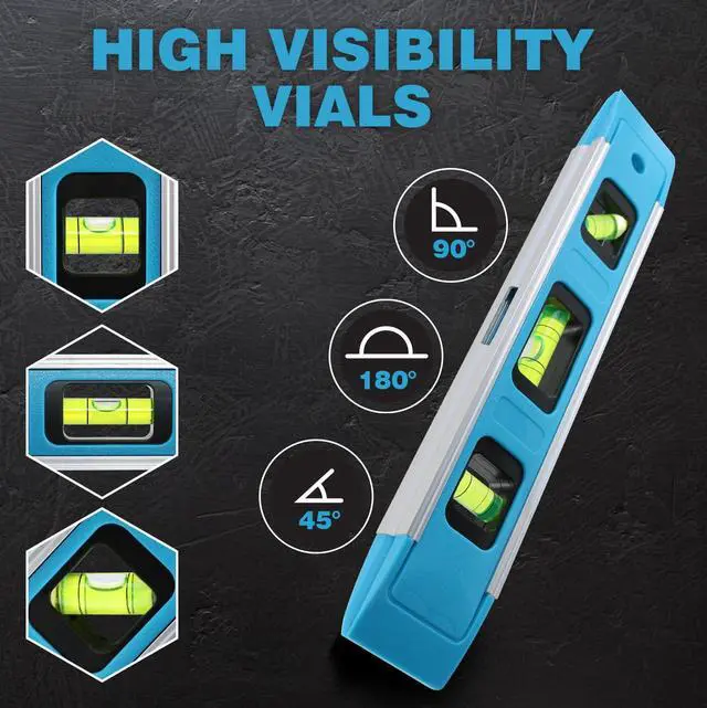 Alt view image 5 of 5 - 9 Inch Torpedo Level Magnetic, Small Leveler Tool with 3 Bubble Vials 45°/90°/180° and Overhead Viewing Window, Shock Resistant Bubble Level V-Groove for Piping and Conduit, Aluminum Alloy Frame