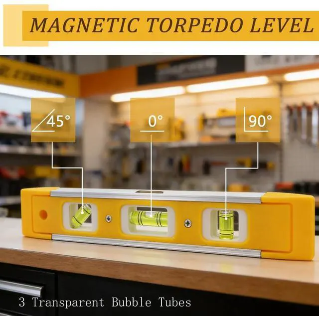 Alt view image 2 of 7 - 9 Inch Torpedo Level Magnetic, Shock-Proof Small Level Tool with 45/90/180 Degree Bubble Vials, Aluminium Alloy Frame, V-Groove and Magnet Track2PCS