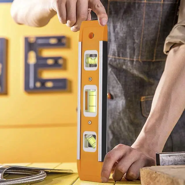 Alt view image 7 of 7 - 9 Inch Magnetic Torpedo Level with 3 Bubbles (Horizontal, Vertical, 45°) - Shock-Resistant ABS Frame, Heavy-Duty Magnetic Base, Bright Orange for Construction, Woodworking
