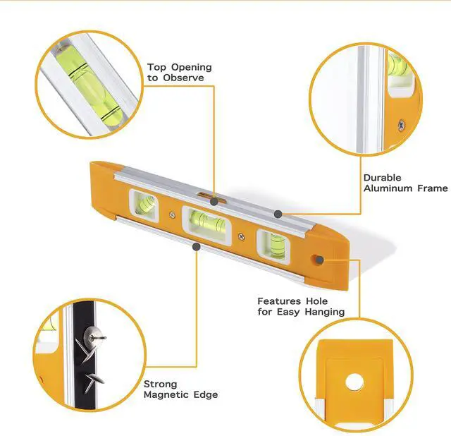 Alt view image 3 of 7 - 9 Inch Magnetic Torpedo Level with 3 Bubbles (Horizontal, Vertical, 45°) - Shock-Resistant ABS Frame, Heavy-Duty Magnetic Base, Bright Orange for Construction, Woodworking