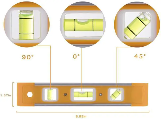 Alt view image 2 of 7 - 9 Inch Magnetic Torpedo Level with 3 Bubbles (Horizontal, Vertical, 45°) - Shock-Resistant ABS Frame, Heavy-Duty Magnetic Base, Bright Orange for Construction, Woodworking